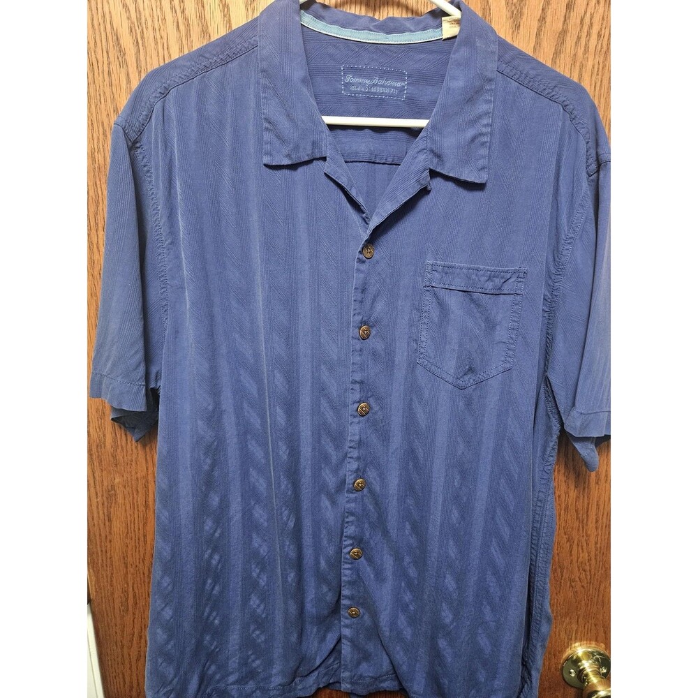 Tommy Bahama Shirt Mens XL Blue Striped Silk Short Sleeve Island Modern Fit